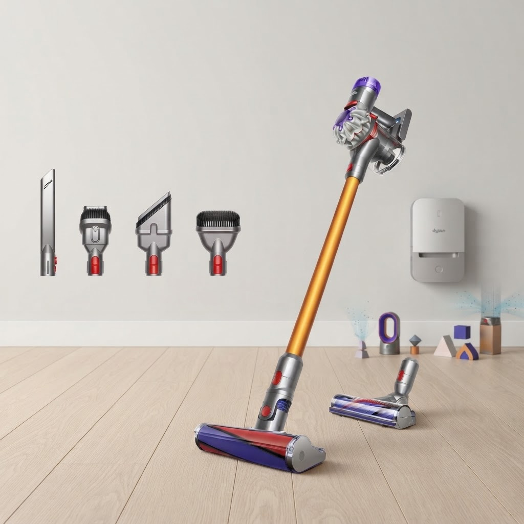 Dyson V8 Absolute — Jusqu’à 40 min sans perte d’aspiration. Têtes double technologie, filtration HEPA & 5 accessoires. Confort d’usage optimal.