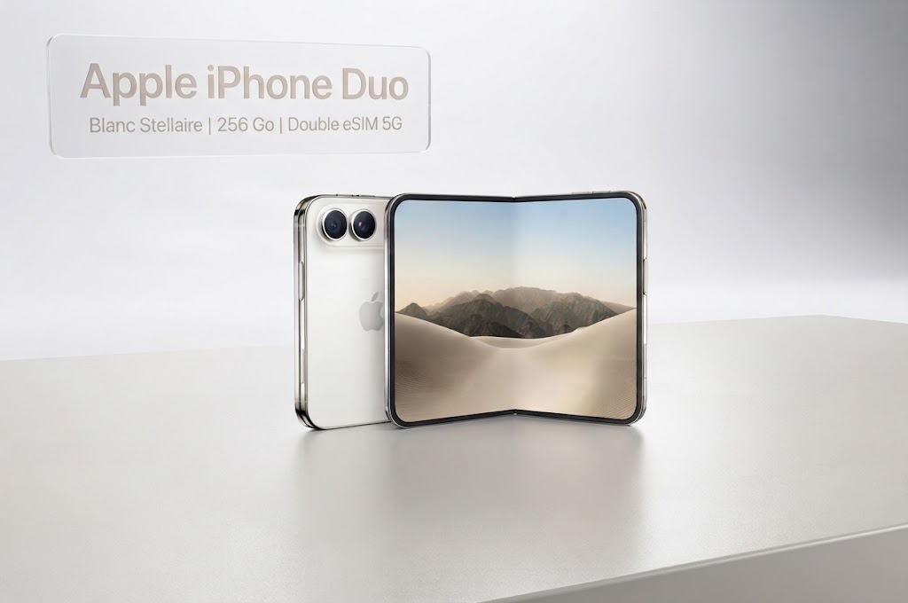 iPhone Duo — Smartphone pliable Apple Blanc Stellaire. Écran 7,6", 5G double eSIM, stockage 256 Go. L'innovation Apple entre vos mains.