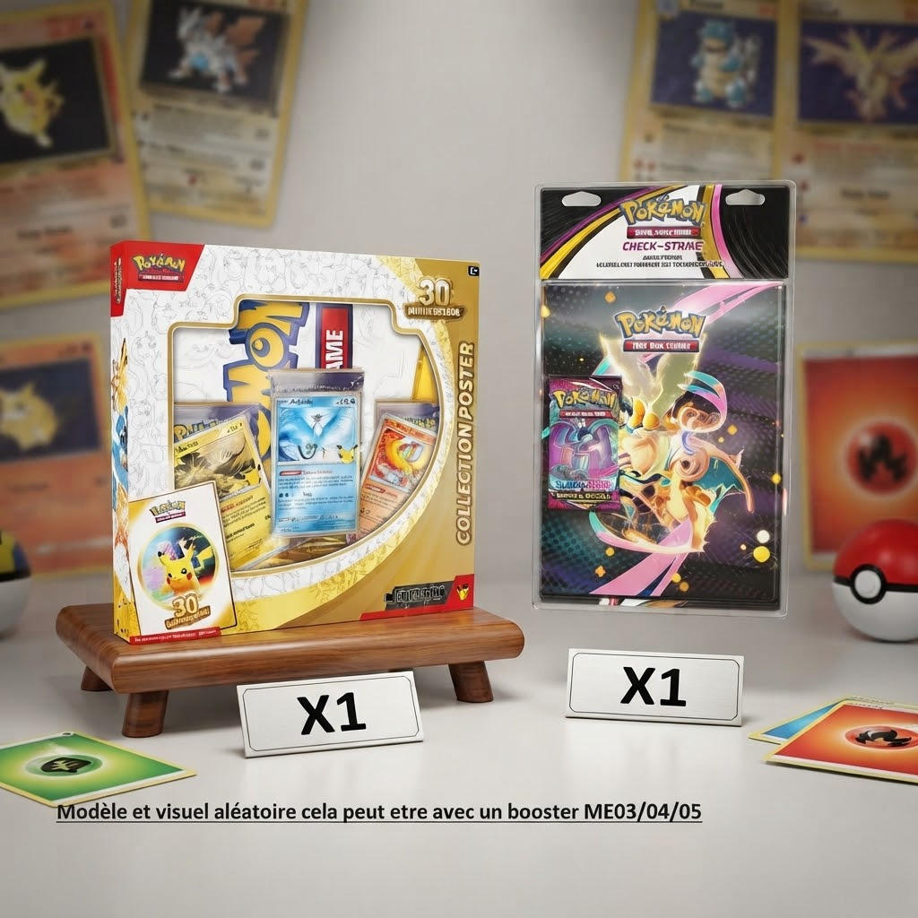 Bundle 30ᵉ Pokémon : 3 promos légendaires + Pikachu garanti par booster. Poster recto verso + Classeur 9 poches. Extension spéciale.