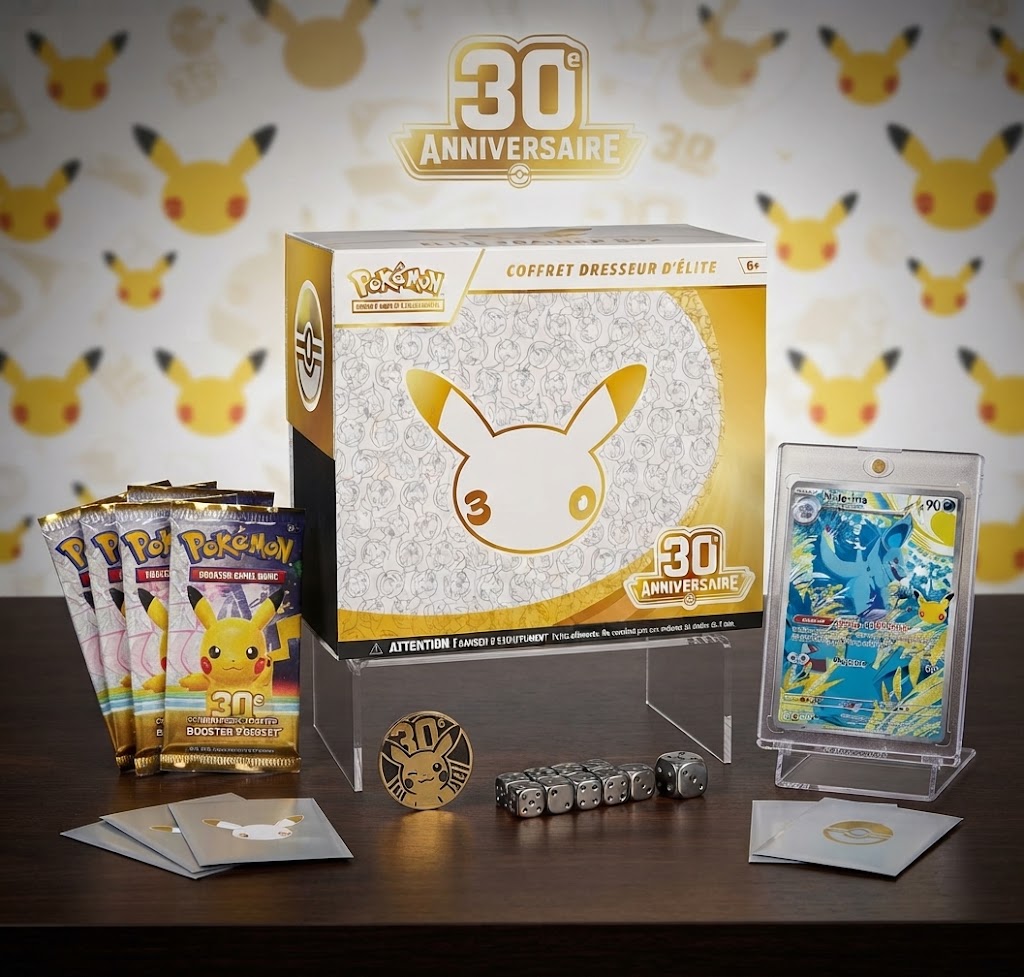 30 ans Pokémon — Coffret Dresseur d’Élite : carte promo illustrée, 9 boosters et accessoires premium. Édition exceptionnelle, à collectionner.