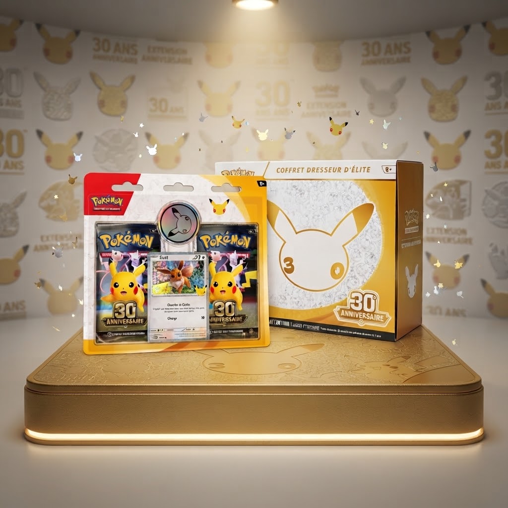 Coffret Dresseur d'Élite 30ᵉ Anniversaire Pokémon — 9 boosters, Pikachu garantis, Nidorina promo, Énergies brillantes sur Deals Store Fr.
