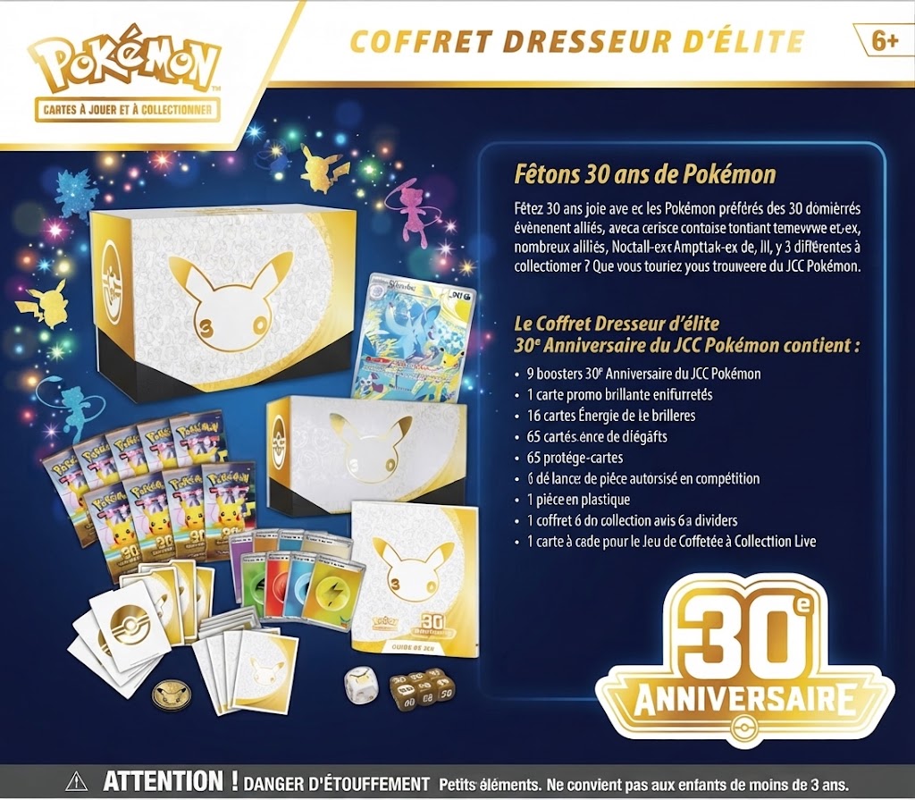 Coffret Dresseur d’élite 30ᵉ Anniversaire Pokémon — 9 boosters, Pikachu garantis, disponible sur Deals Store Fr.