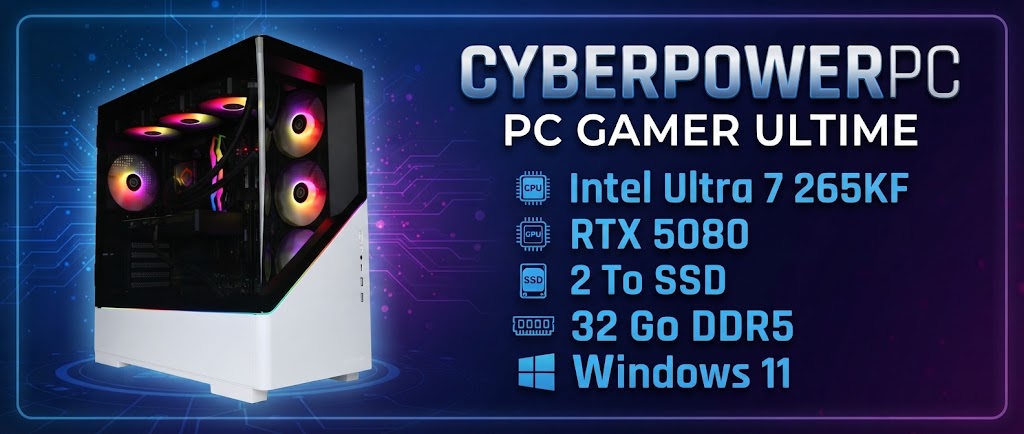 PC Gamer CyberPowerPC : Core Ultra 7 265KF, RTX 5080 16 Go, 32 Go DDR5, SSD 2 To NVMe. 4K ultra fluide, DLSS 4, prêt à jouer sous Windows 11.