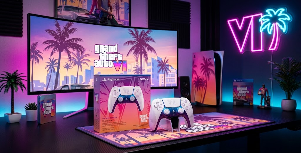 DualSense PS5 — Édition Limitée GTA VI Blanche. Finition irisée Vice City, palmiers moulés, logo officiel GTA VI. 