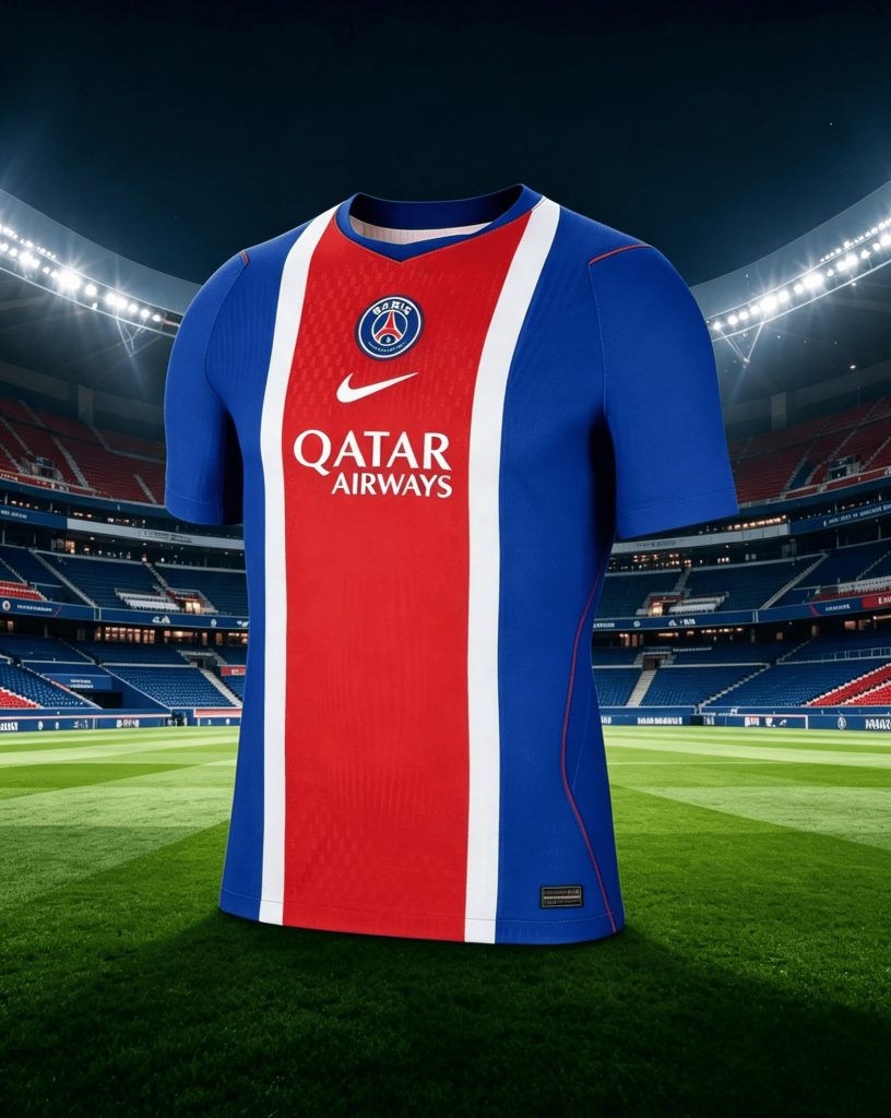 Maillot Domicile PSG 2026/2027 Authentique Nike, bleu roi, bande Hechter Tour Eiffel. Technologie Aero-FIT. L'esprit parisien à chaque match.