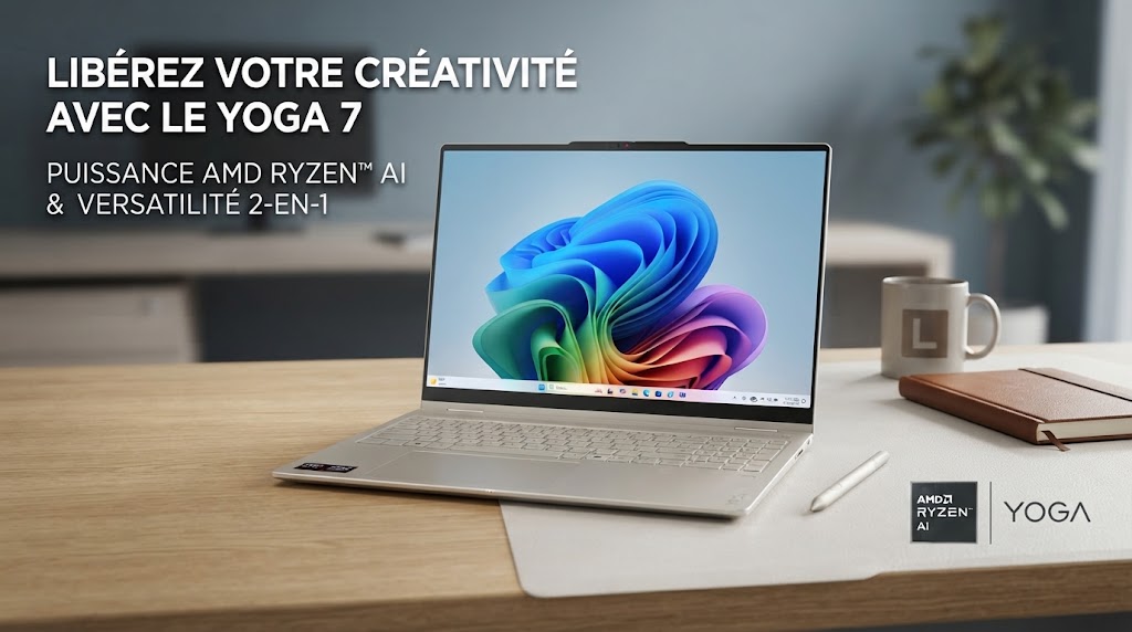 Lenovo Yoga 7 16AGP11 : PC 2-en-1 Copilot+, écran 16" OLED 120 Hz tactile, Ryzen AI 7, 16 Go RAM, 512 Go SSD. Polyvalence et confort au quotidien.