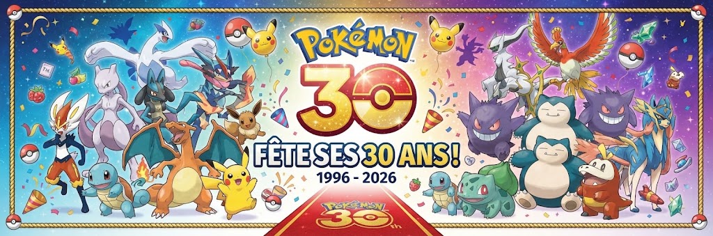 30ᵉ Anniversaire Pokémon — 30 Pikachu uniques, toutes cartes brillantes. Coffret Dresseur d'Élite disponible. 
