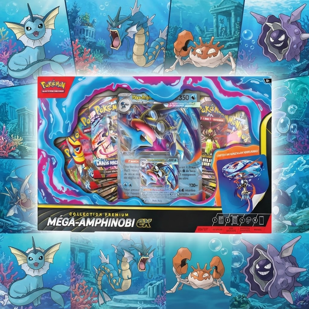 Coffret Méga-Amphinobi-ex Premium — JCC Pokémon Version Française. Carte brillante + 8 boosters + autocollant.