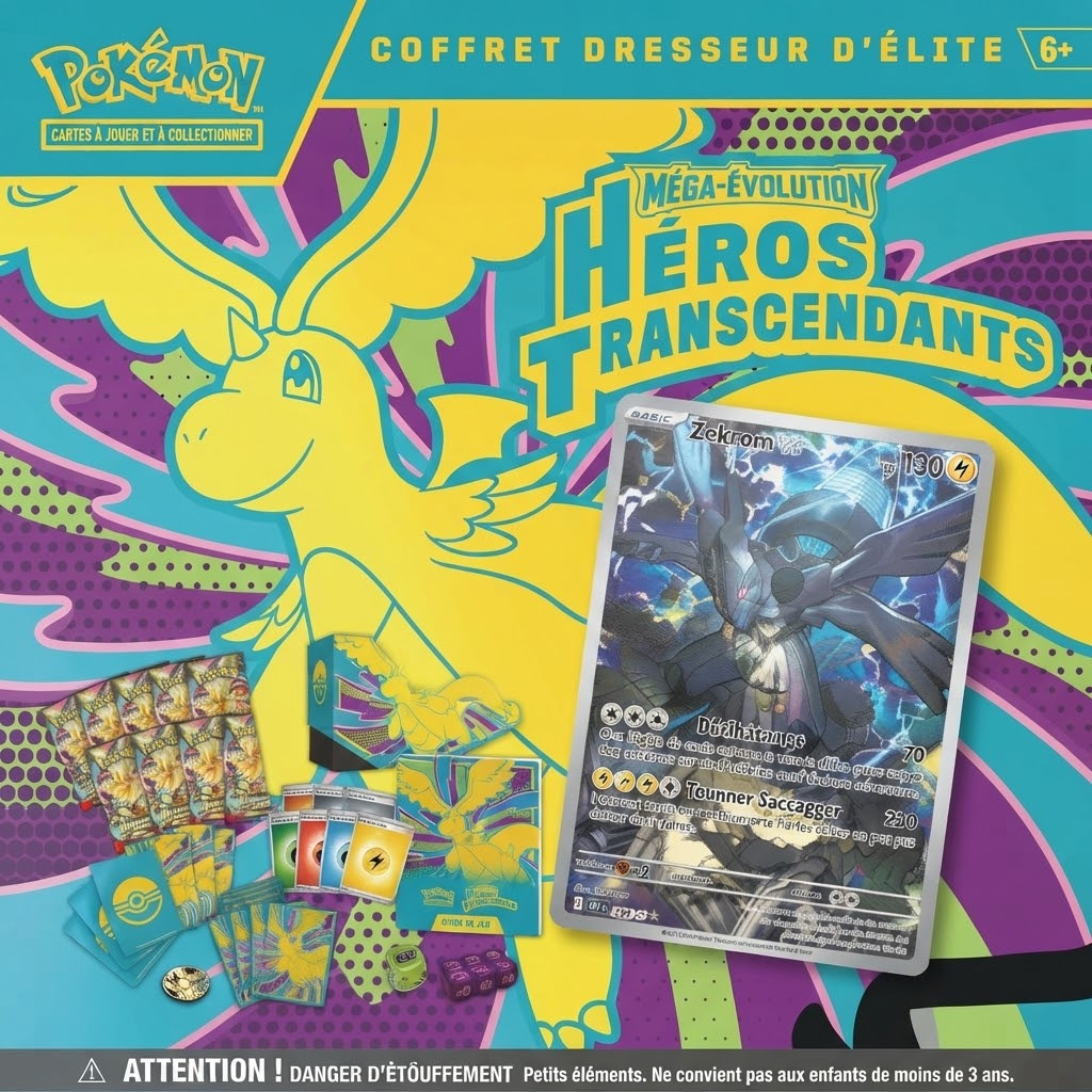ETB Héros Transcendants ME02.5 — Méga-Dracolosse ex, promo exclusive Zekrom Full Art. 9 boosters + accessoires premium.