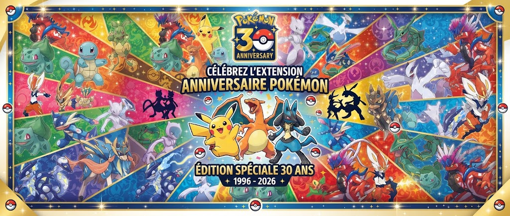 Extension Pokémon 30ᵉ Anniversaire — Toutes cartes brillantes, 30 Pikachu à collectionner, Futuristic Rare Mew/Mewtwo.