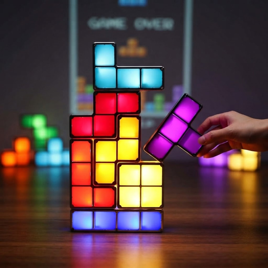 Veilleuse Tétris — 7 blocs empilables lumineux, LED 7 couleurs, s'allument au contact. Déco rétro & chambre enfant
