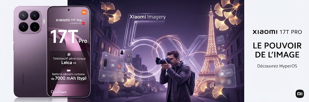 Xiaomi 17T Pro 5G 6,83″ — Double nano SIM 256 Go — Violet. Écran, capacité et couleur premium. Le smartphone haut de gamme en teinte sublime.