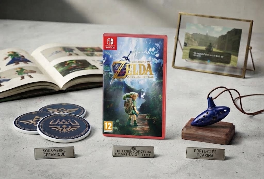 Coffret Zelda Ocarina of Time Switch 2 : Dessous décoré + Porte-clés métal gravé. Ensemble collector officiel — Prix : 49,99 €. Comparatif et stock.