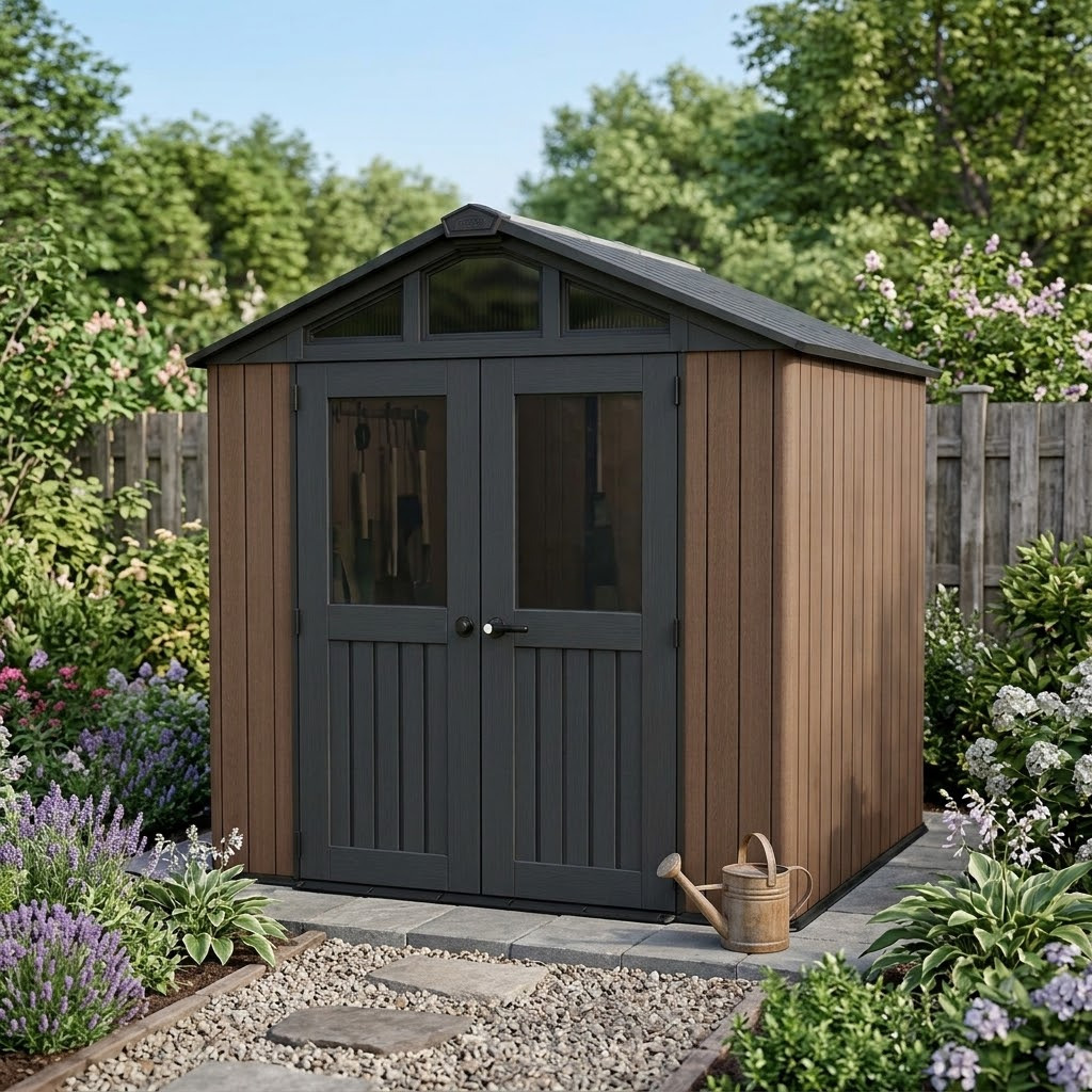 Keter Stronghold 8x8 Marron — Abri extérieur sans entretien Aspect bois authentique, ne pourrit pas, ne décolorera pas. Renfort acier