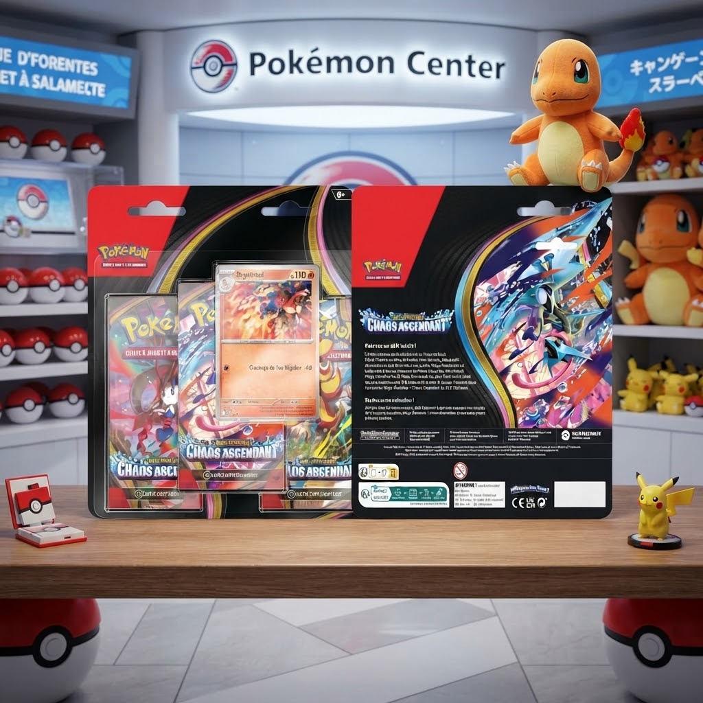 Blister 3 Boosters Méga-Évolution — Chaos Ascendant. JCC Pokémon : cartes Méga-Amphinobi-ex, Méga-Floette-ex, promo incluse. 