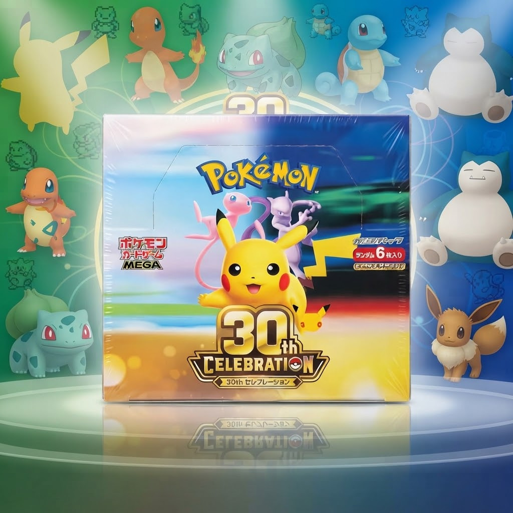 Coffret Pièces Pokémon 30ᵉ — Chine Simplifiée. 3 boosters + 2 pièces Pikachu. 30 motifs, finitions or/verte/rouge/bleue.