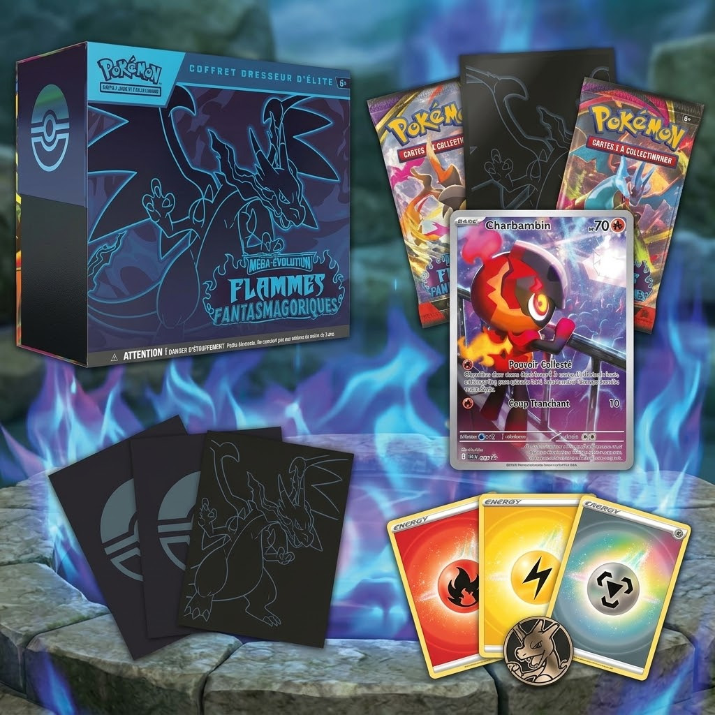 Pokémon ME02 — Coffret Dresseur d'Élite Flammes Fantasmagoriques. Sortie 14 novembre 2025. 9 boosters + promo + accessoires.