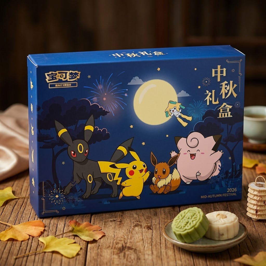 Coffret Pokémon Mi-Automne 2026 — Chinois Simplifié. 3 boosters, magnet et miroir thème exclusif. Pikachu, Évoli, Noctali — Édition rare.