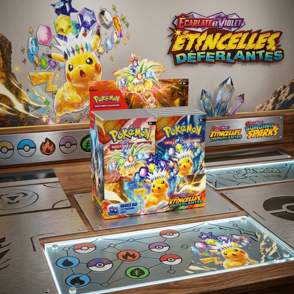 Découvrez la Boîte 36 Boosters EV8 Étincelles Déferlantes Pokémon français. Pikachu-ex Téracristal Stellaire, cartes rares, officiel scellé.