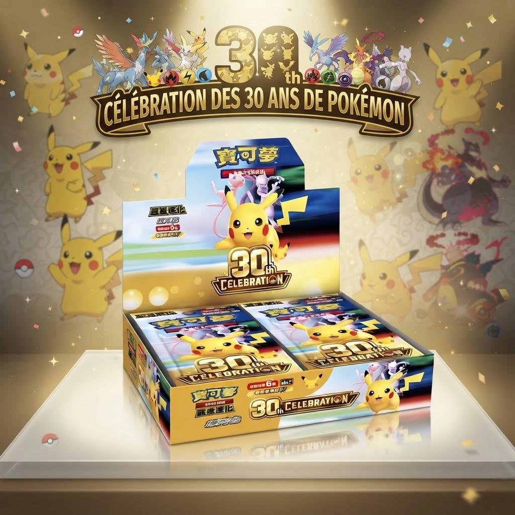 Display 30th Celebration — Nouveauté JCC Pokémon. Rareté FUR (Mew ex, Mewtwo ex), Collection Classique, 30 Pikachu. Version chinoise exclusive.