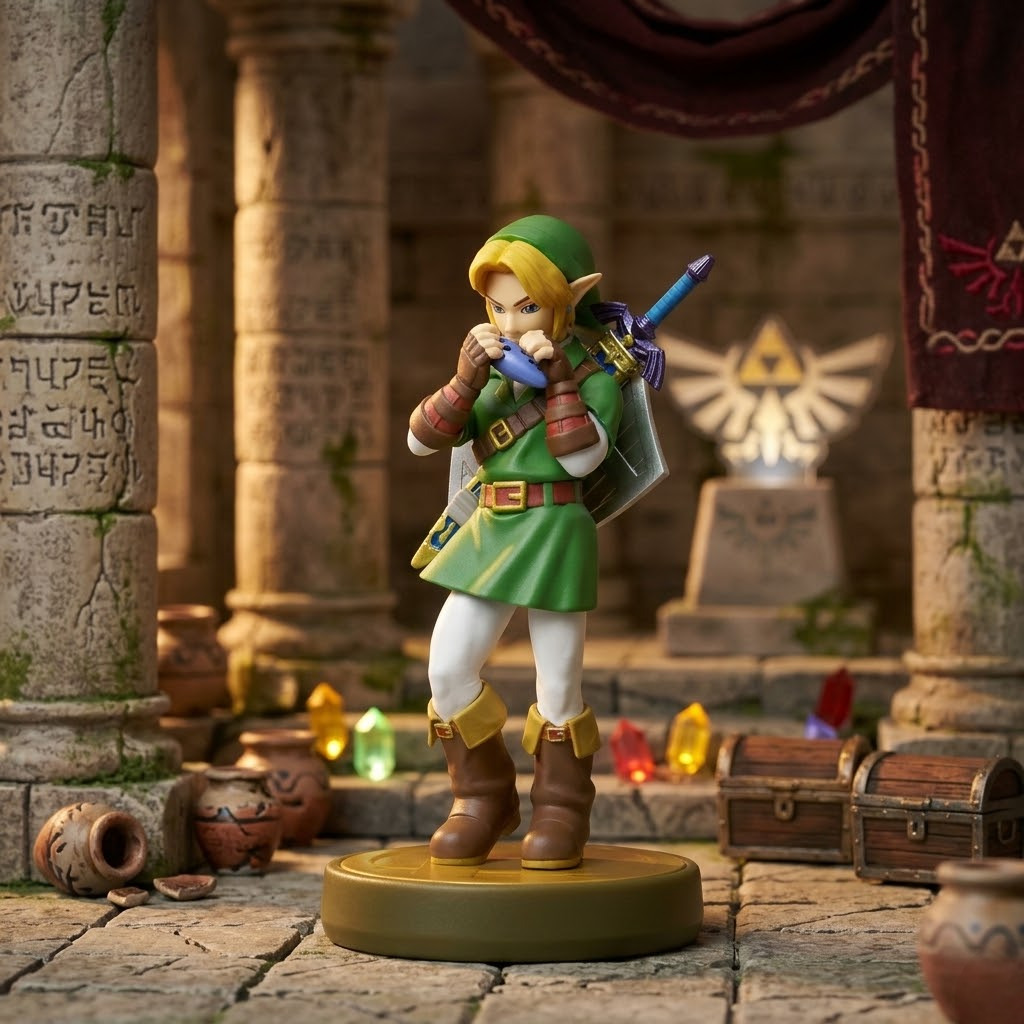 Amibe Link — Ocarina of Time 🌿 Le héros adulte d'Hyrule en figurine. Design fidèle, socle vert. Compatible tous jeux Zelda Nintendo.