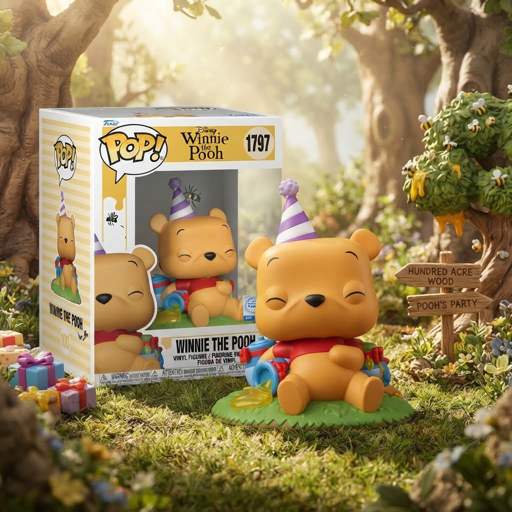 Funko POP 1797 — Winnie l'Ourson 100ᵉ Anniversaire. Vinyle 13,5 cm, chapeau rayé, pots de miel et cadeaux. Idéal collection ou cadeau Disney.