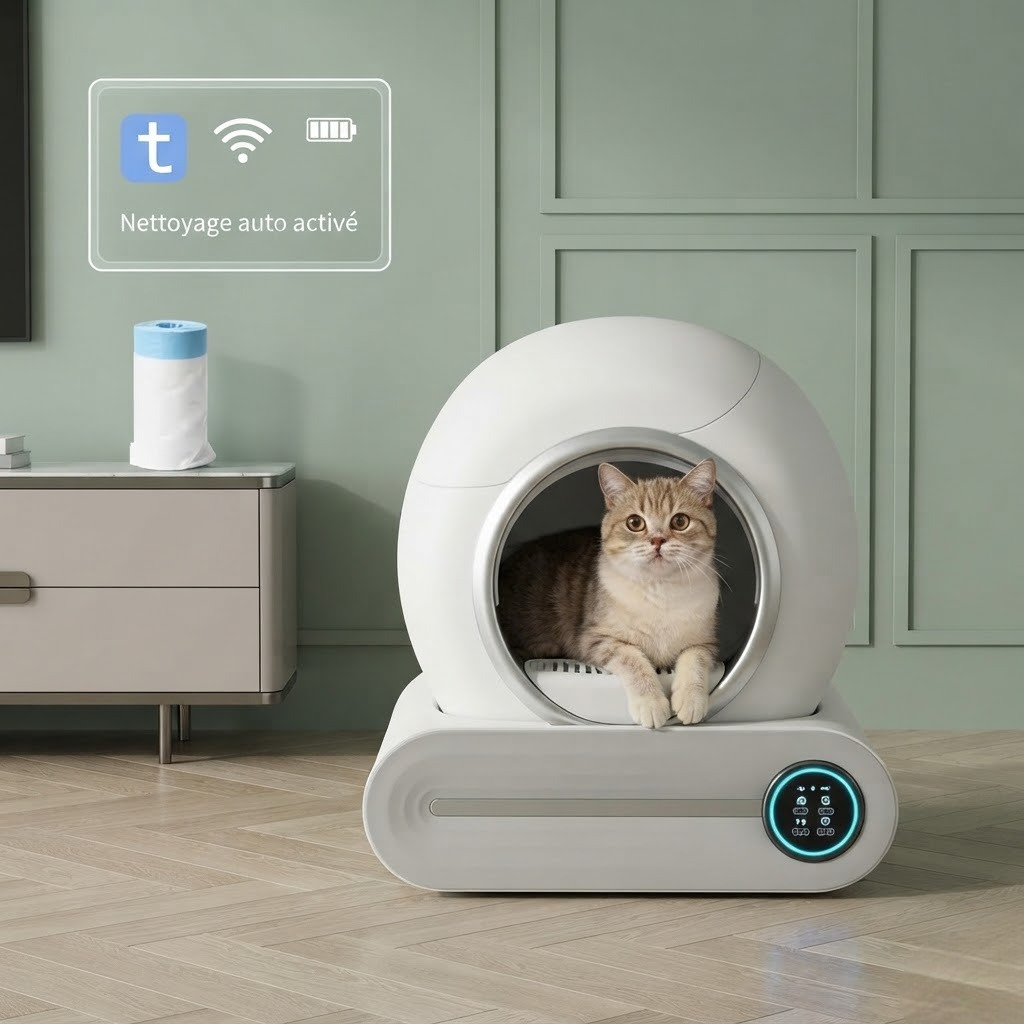 Litière Chat 65L Fermée — Autonettoyante, silencieuse 35dB. Capteurs anti-accident, entrée basse, bac démontable. Hygiène parfaite sans effort !