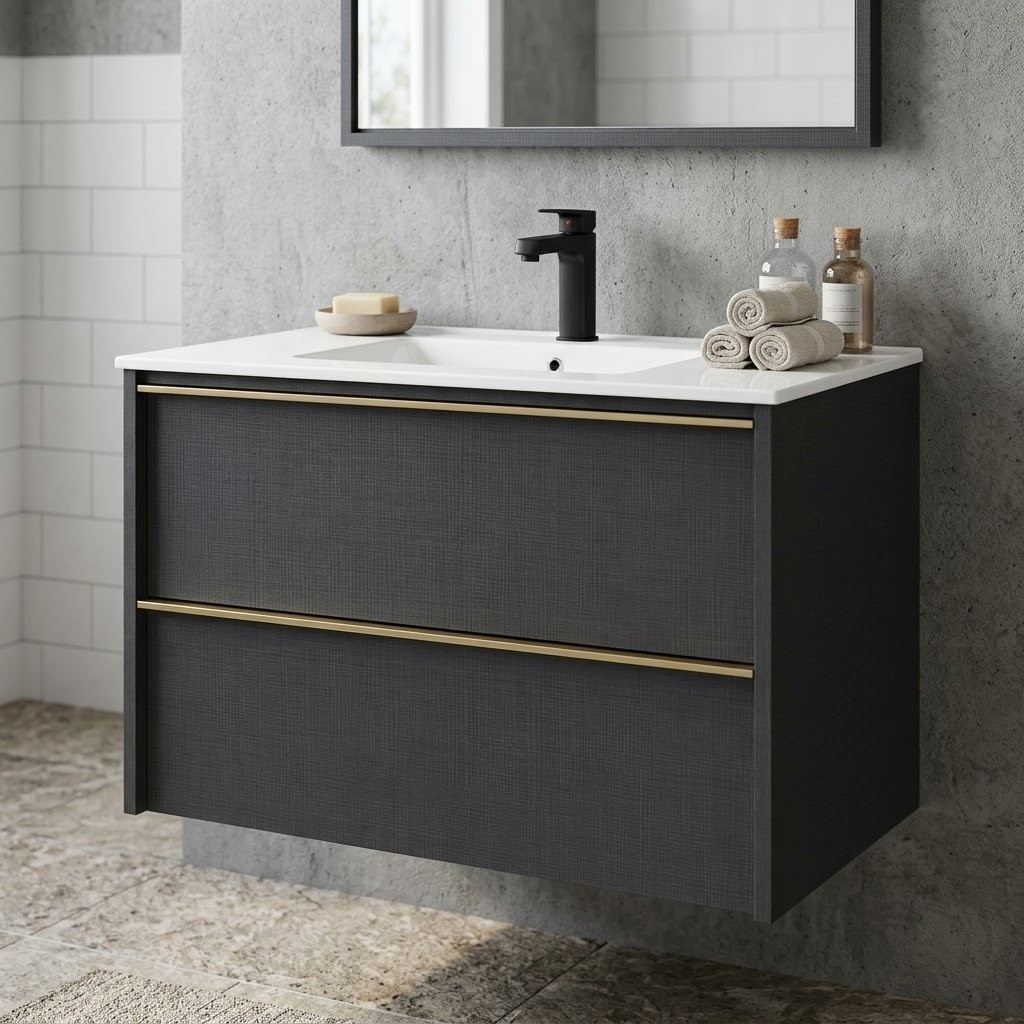 Meuble salle de bain mural 90 cm — Gris foncé. Vasque blanche incluse. Style contemporain, rangements intégrés, nettoyage facilité.