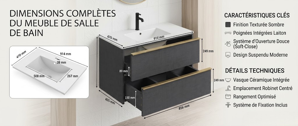 Meuble salle de bain mural 90 cm — Gris foncé. Vasque blanche incluse. Style contemporain, rangements intégrés, nettoyage facilité.