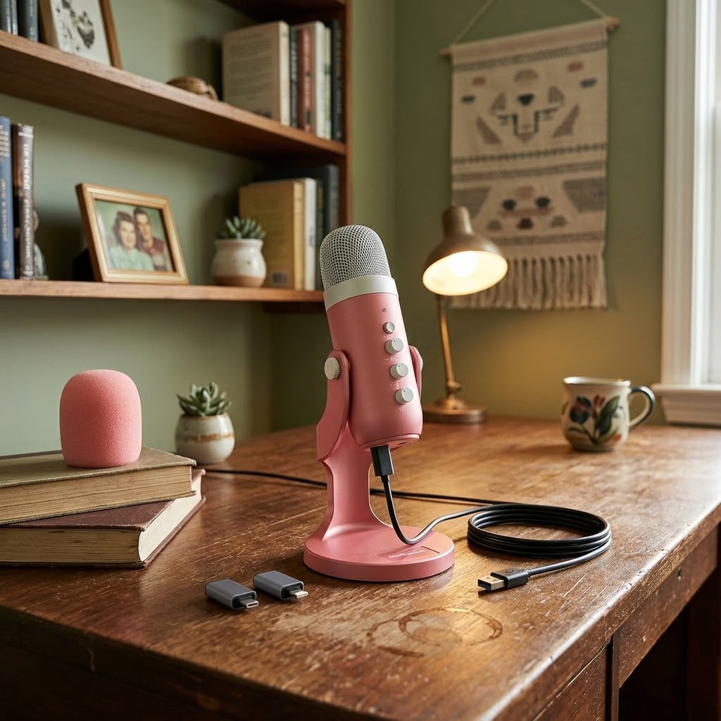 Microphone cardioïde rose Zealsound K66 — Micro USB. Sourdine + gain, pour PC, smartphone. Enregistrement, streaming, jeux, YouTube.