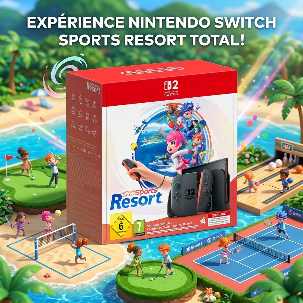 Nintendo Switch 2 : le pack Sports Resort ! Jeu inclus avec 12 disciplines en mouvement. Ambiance Wuhu Island, solo ou entre amis. 