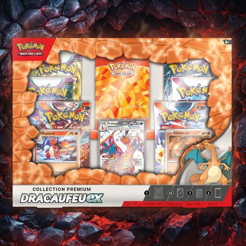 Coffret Collection Premium Dracaufeu-ex — 6 boosters, carte promo exclusive, Salamèche & Reptincel brillants, sleeves & présentoir magnétique. 