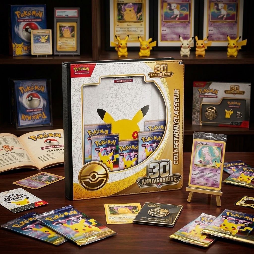 Pokémon : Collection Classeur 30ᵉ Anniversaire VF. 5 boosters + classeur à thème. Toutes cartes holographiques.