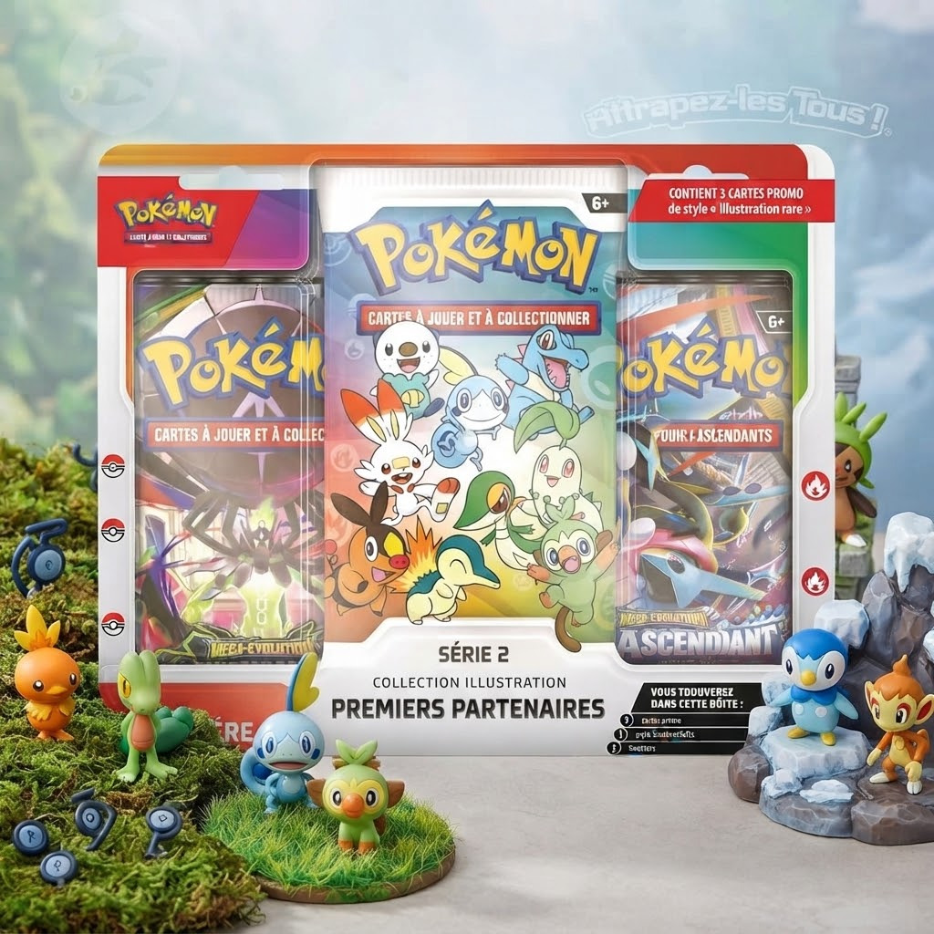 Pokémon — Premiers Partenaires Série 2. 9 cartes exclusives, starters Johto/Unys/Galar. Art panoramique rare. Coffret 30ᵉ anniversaire.