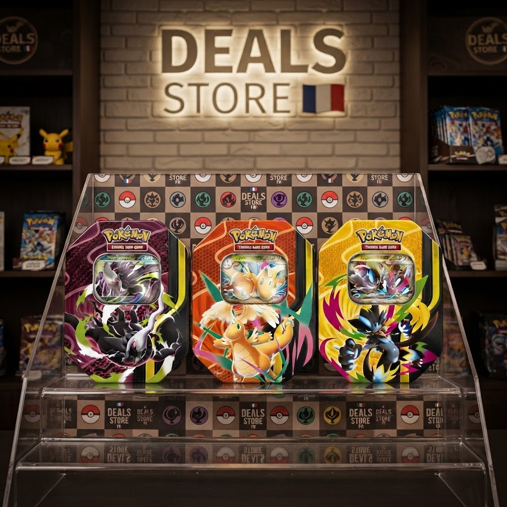 Lot de 3 Pokébox Méga Puissances — Le trio ultime : Dracolosse-ex, Darkrai-ex, Zeraora-ex. Boîtes métal collector, 12 boosters inclus.