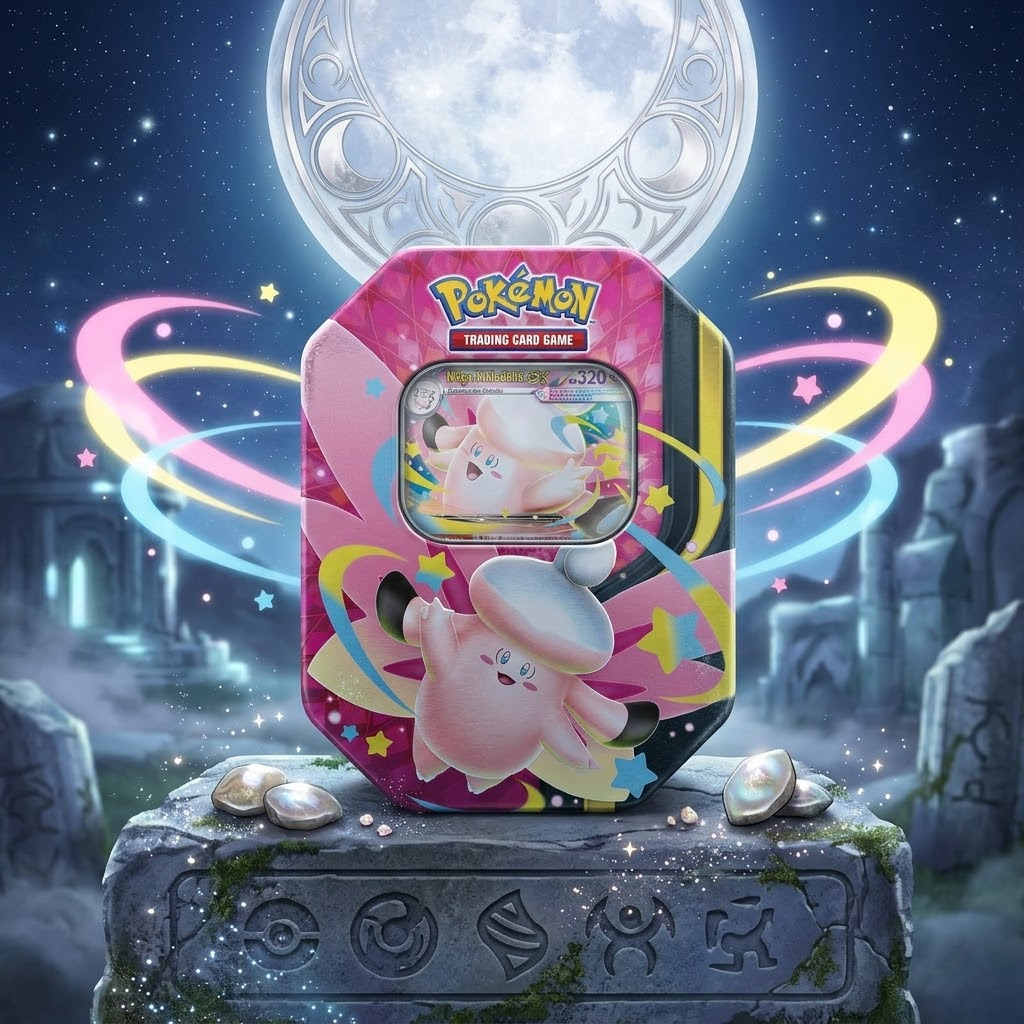 Boîte Méga Clair de Lune — Méga-Mélodelfe-ex : Carte promo brillante (320 PV, type Psy), 4 boosters et code de jeu. Édition française scellée.