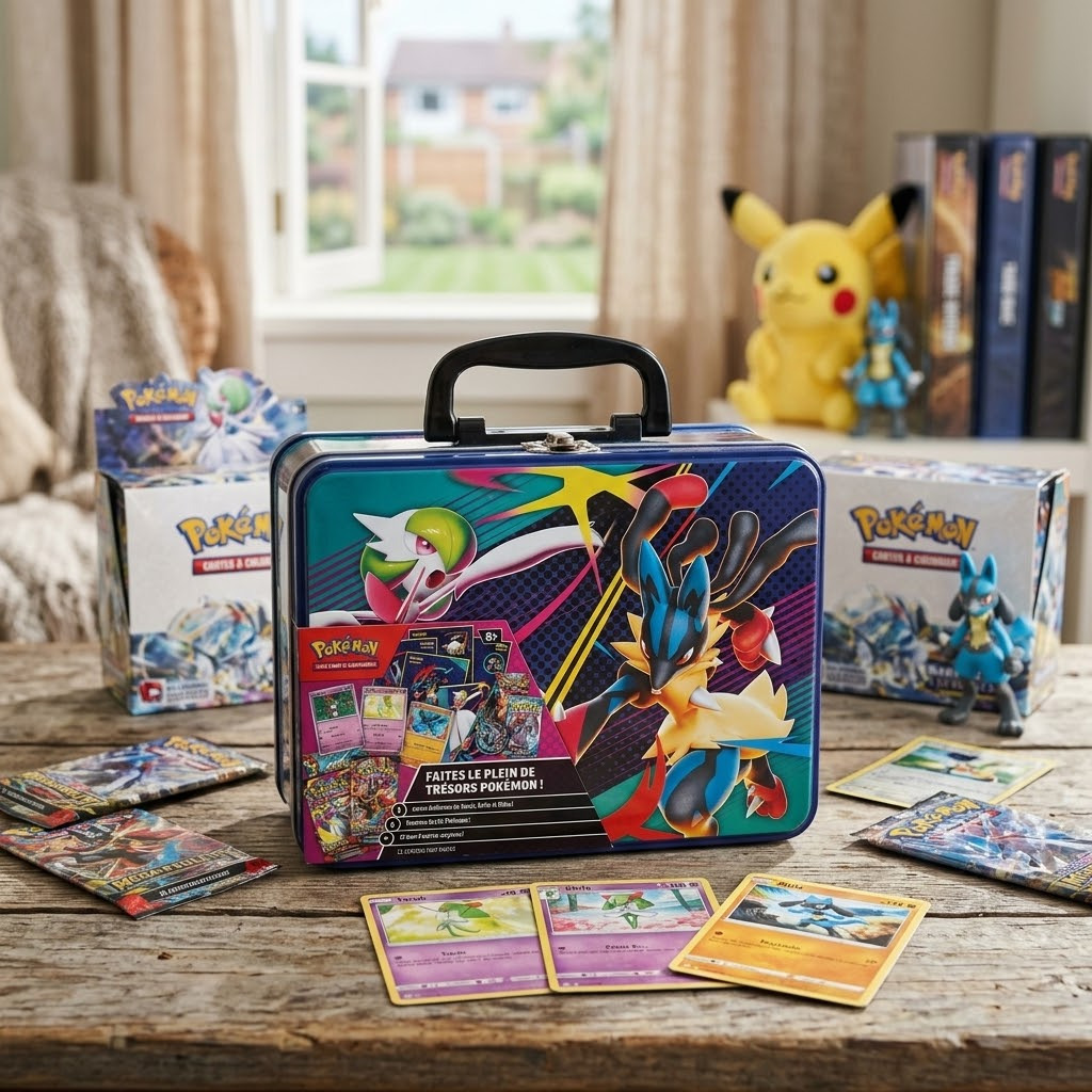 Coffre aux Trésors Pokémon — Valisette métallique Automne 2025 VF. 6 boosters, 3 cartes brillantes, pièce Méga-Lucario, rangement.