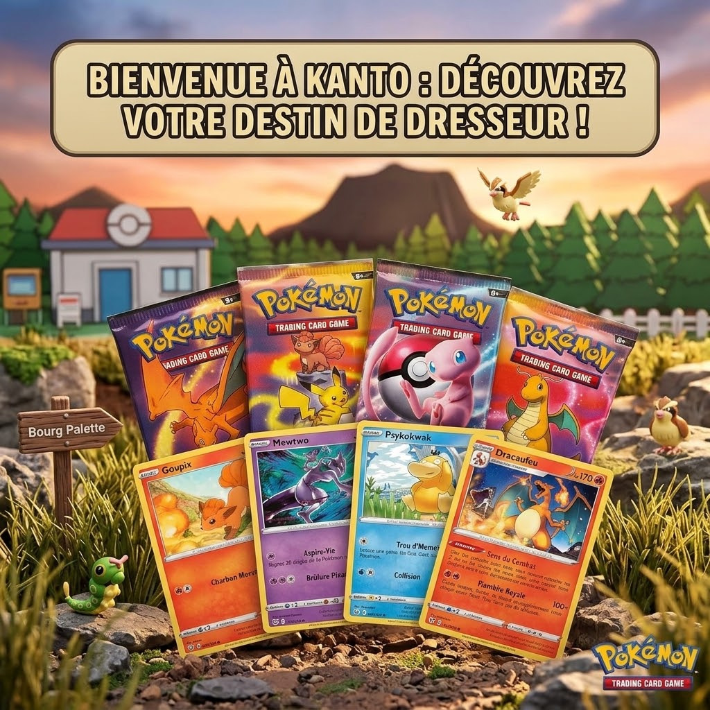Lot complet Puissance de Kanto : les 5 mini-boîtes en métal 10 boosters + cartes et pièces exclusives. Cadeau parfait fans et collectionneurs — illustrations Kanto réunies !