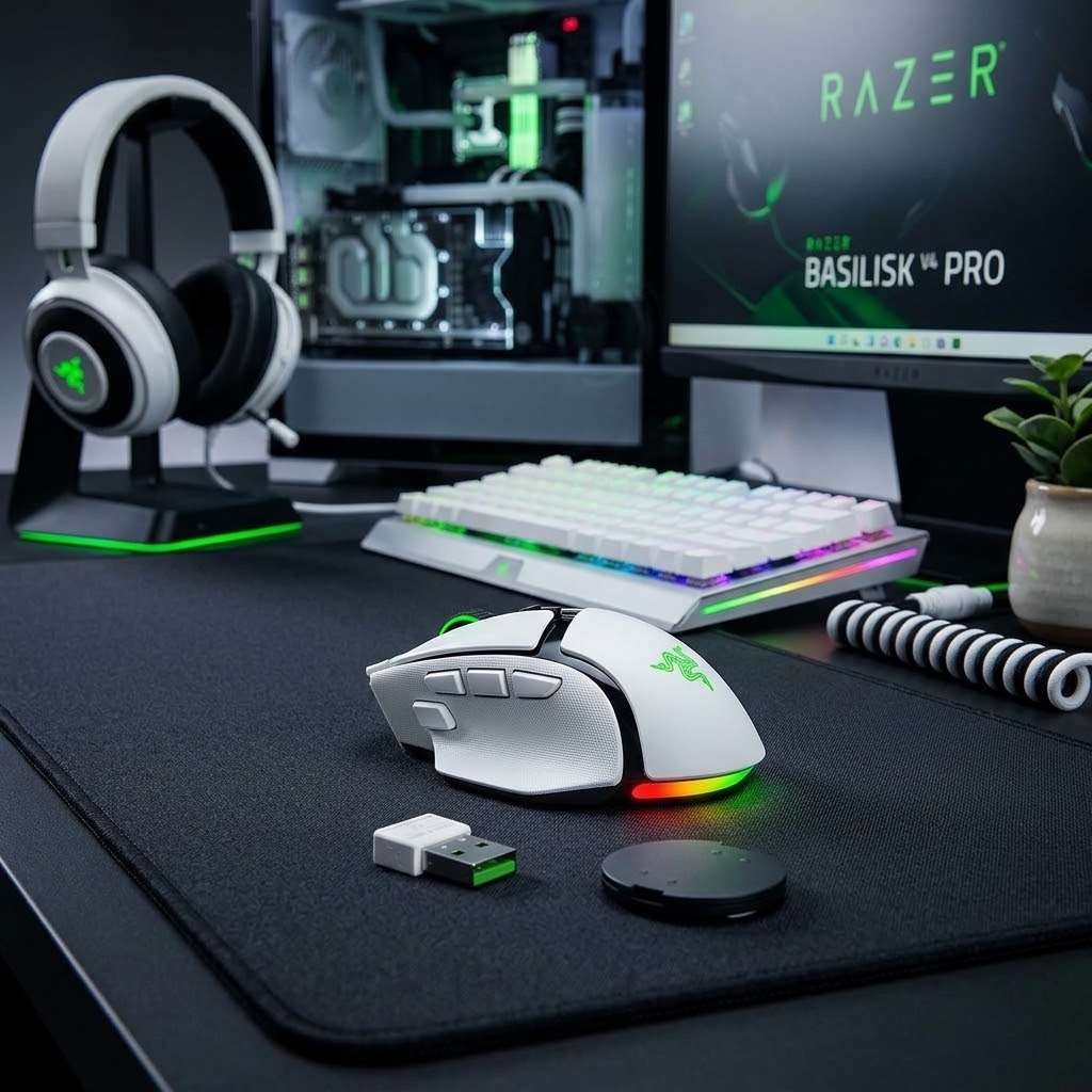 Razer Basilisk V4 Pro Blanc : Souris gaming sans fil élégante. Forme ergonomique, RGB 7 zones, capteur 50K Gen-3, personnalisation totale.