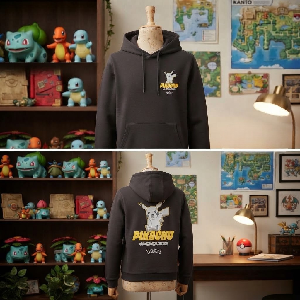 Sweat à capuche Pikachu #0025 — Noir, tailles S à XXL. Licence officielle Nintendo. Confortable, résistant, idéal fan & cadeau Pokémon !