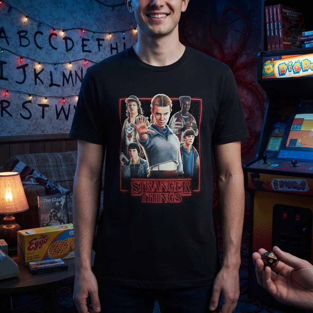 T-shirt Stranger Things Poster — Noir XL : logo emblématique + illustration Vecna, 100 % coton, col rond, manches courtes.
