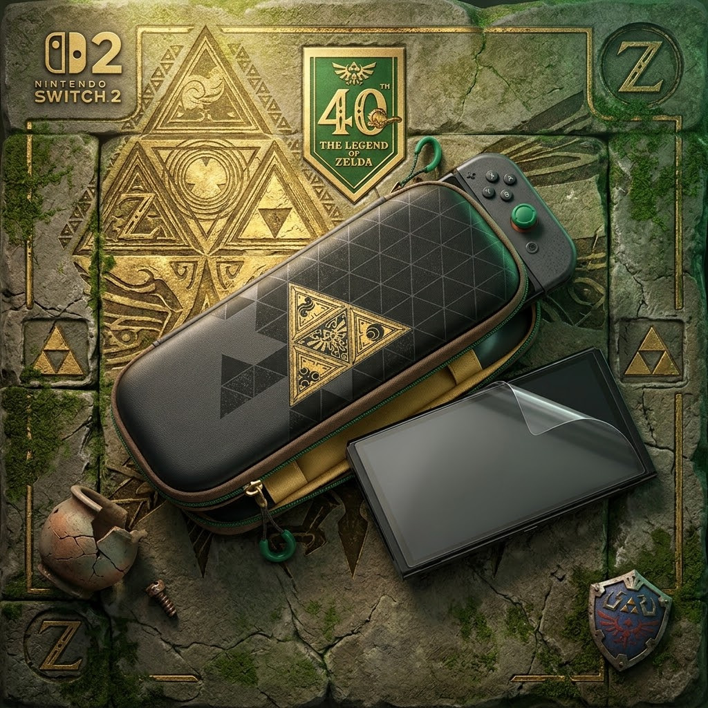 Pochette Zelda 40e anniversaire Switch 2 — Étui rigide + protection d'écran incluse 🛡️ Chocs et rayures évités, emplacements 6 jeux et 2 dragonnes.