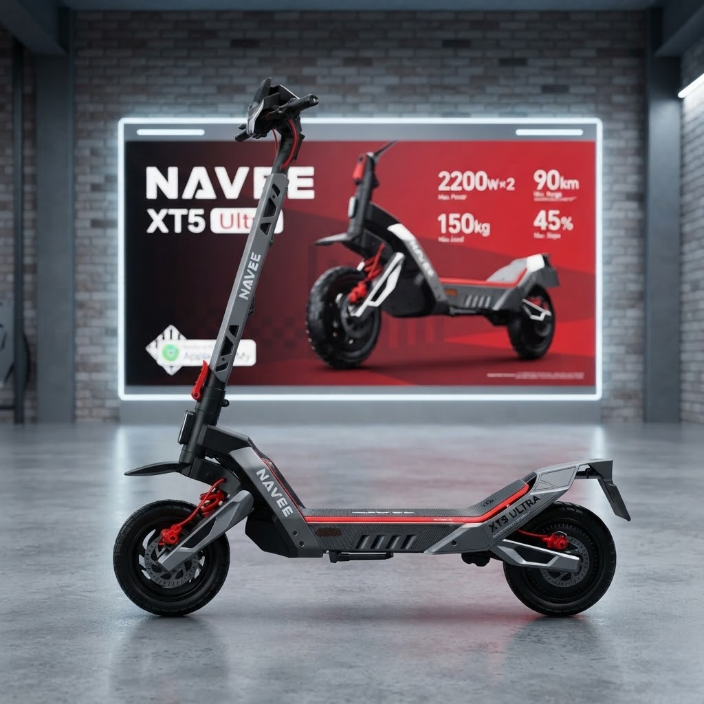 Trottinette NAVEE XT5 Ultra — Double moteur, 4400W max, charge 150 kg, suspension intégrale, freins à disque hydrauliques + EABS.