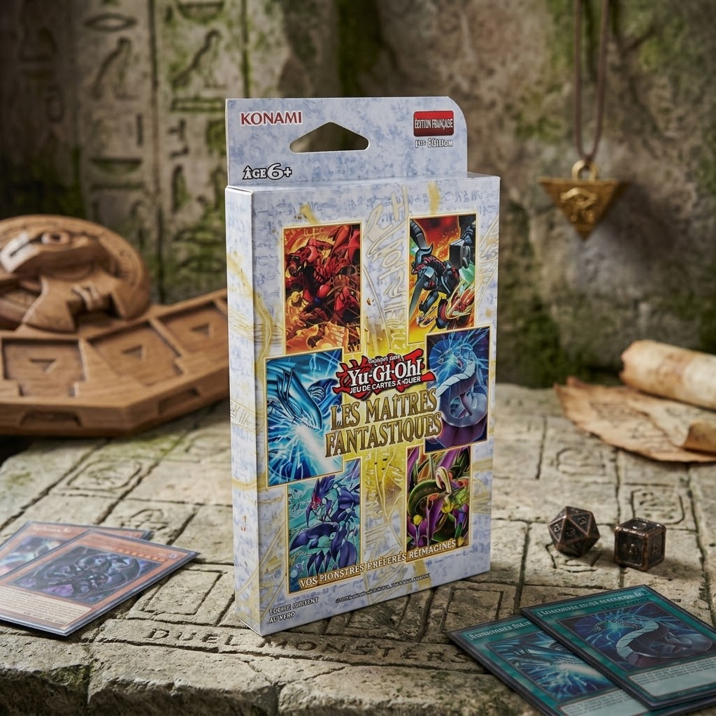 Yu-Gi-Oh! — Tuckbox Les Maîtres Fantastiques. Grand Master Rare 001–100, 3 boosters, 3 Secret Rares. Cartes réinventées — Sortie 12 nov. 2026.