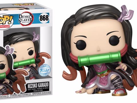 Figurine Funko Pop de Nezuko Kamado (Demon Slayer) en vinyle et métal, avec son bambou vert iconique pour empêcher ses morsures démoniaques.