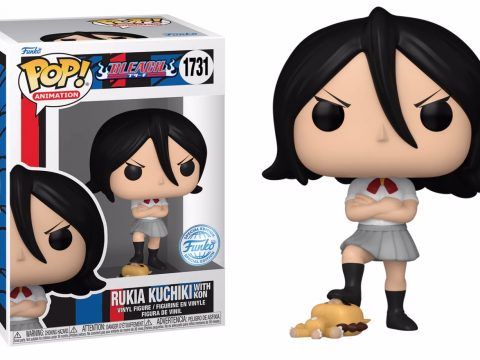 Figurine Funko Pop de Rukia Kuchiki avec Kon, personnages emblématiques de la série animée et manga Bleach, créée par le célèbre fabricant Funko.
