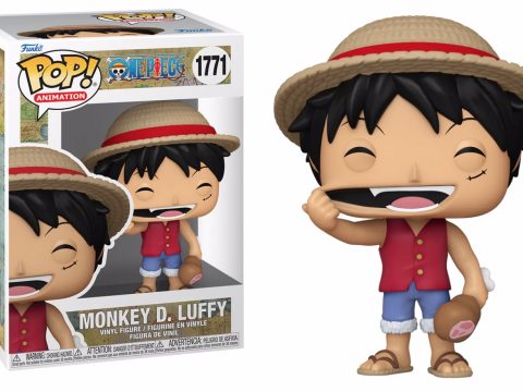 Funko Pop Monkey D. Luffy (One Piece) en grimace, tenant une cuisse de poulet. Parfaite pour les fans de la série et les collectionneurs.