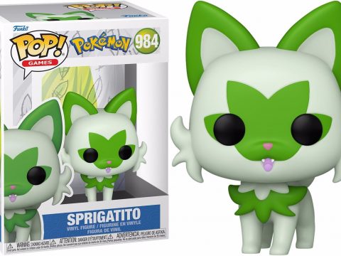 Figurine Funko Pop de Poussacha, Pokémon de la 9e génération, de couleur vert clair et type Plante, ressemblant à un adorable chaton.