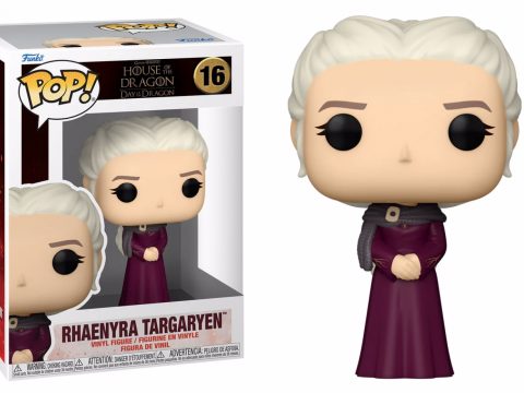 Rhaenyra Targaryen de House of the Dragon en Funko Pop, vêtue d'une robe grenat et d'écharpe grise, capturant sa puissance et sa noblesse.