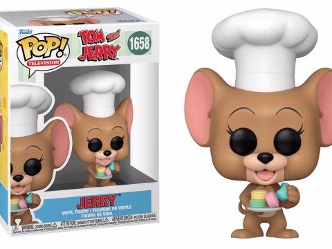 Figurine Funko Pop de Jerry en chef pâtissier de Tom et Jerry, toque et macarons en main, disponible sur Team Pop Fr pour les collectionneurs.